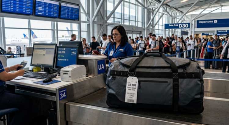 Waterproof travel bag at an international airport check-in for long haul travel