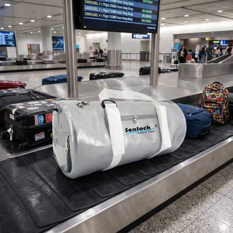Waterproof travel bag reinforced welded base and lockable zipper on an airport baggage belt
