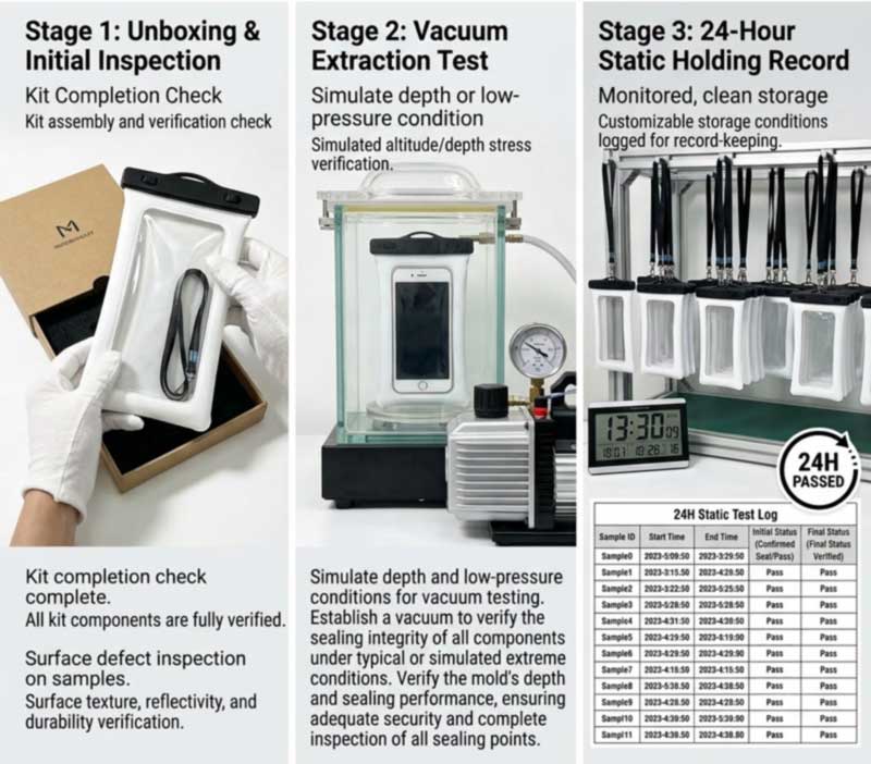 Customer inspection procedure showing unboxing vacuum extraction and 24-hour static rest logging