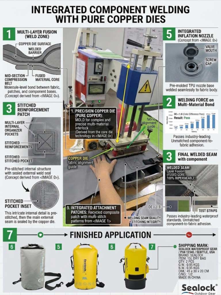 Welded waterproof bag with component materials and a copper welding die